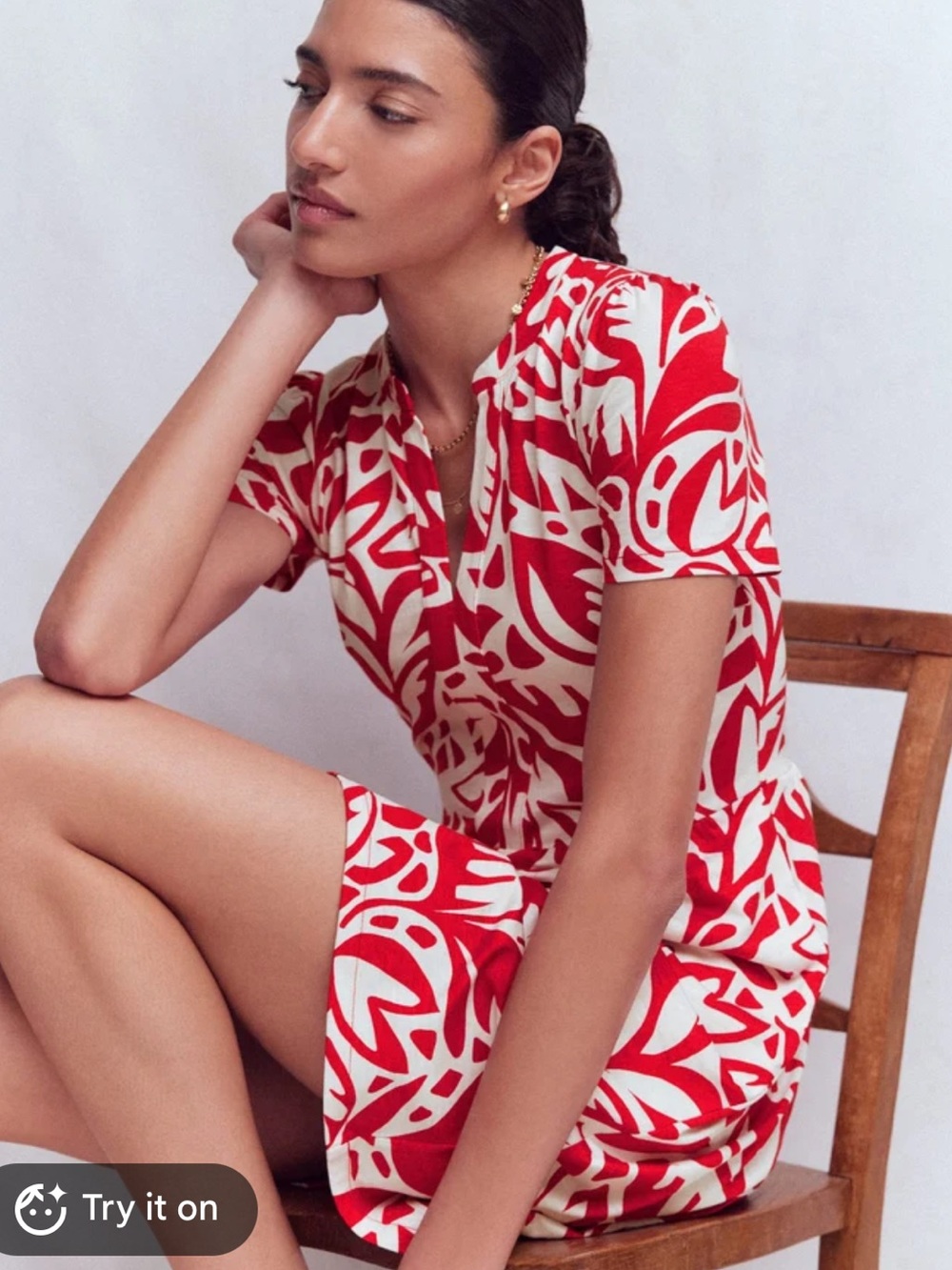 Boden Naomi Red & White Abstract Print Short Sleeve V-Neck Tunic Dress